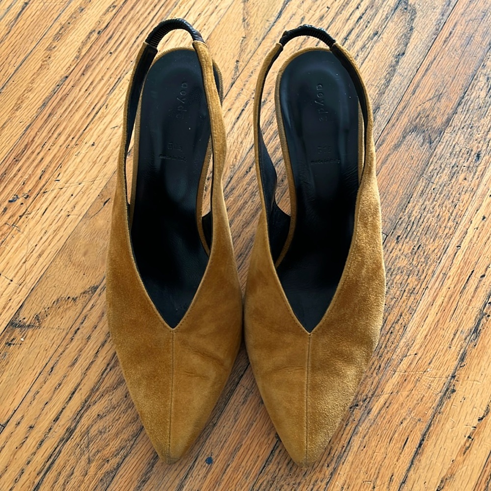 Yellow suede sling back, kitten heel shoes
